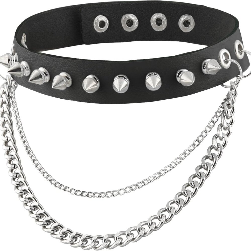 Fashion Women Men Cool Punk Goth Metal Spike Studded Link Leather Collar Choker